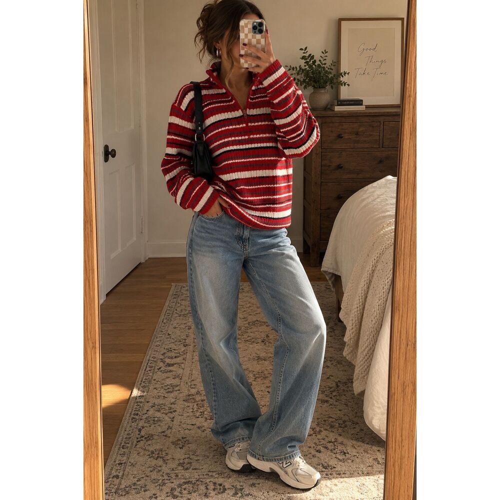 Tommy Hilfiger Y2K Striped Quarter Zip Sweater 100% Cotton XL
